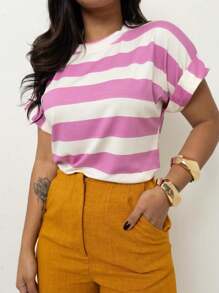 Women's Short Sleeve Striped Round Neck Blouse - Màu Hồng baby - Xem 3