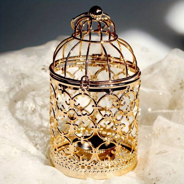 1PC Desktop Iron Home Hollow Candlestick Birdcage Shape European Style Light Luxury Gold Candlestick Decoration Iron Ornaments Christmas Candlestick Decoration.