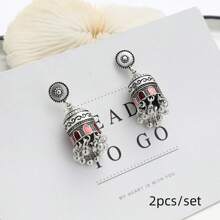 1pair New Bohemian  Alloy Bell Earrings With  Vintage Carved Pendant