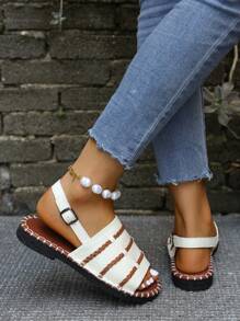 Women's Casual Woven Fishnet Peep Toe Sandals With 3 Stripes Anti-Slip Flat Sole - White - View 2