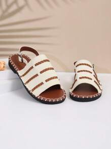 Women's Casual Woven Fishnet Peep Toe Sandals With 3 Stripes Anti-Slip Flat Sole - White - View 6