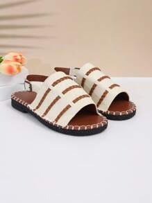 Women's Casual Woven Fishnet Peep Toe Sandals With 3 Stripes Anti-Slip Flat Sole - White - View 5