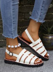 Women's Casual Woven Fishnet Peep Toe Sandals With 3 Stripes Anti-Slip Flat Sole - White - View 1