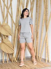 PRINCESS Puffed Sleeve Blouse SET AND SHORTS WITH VISCOLYCRA POCKET - 淺灰色 - 查看 1