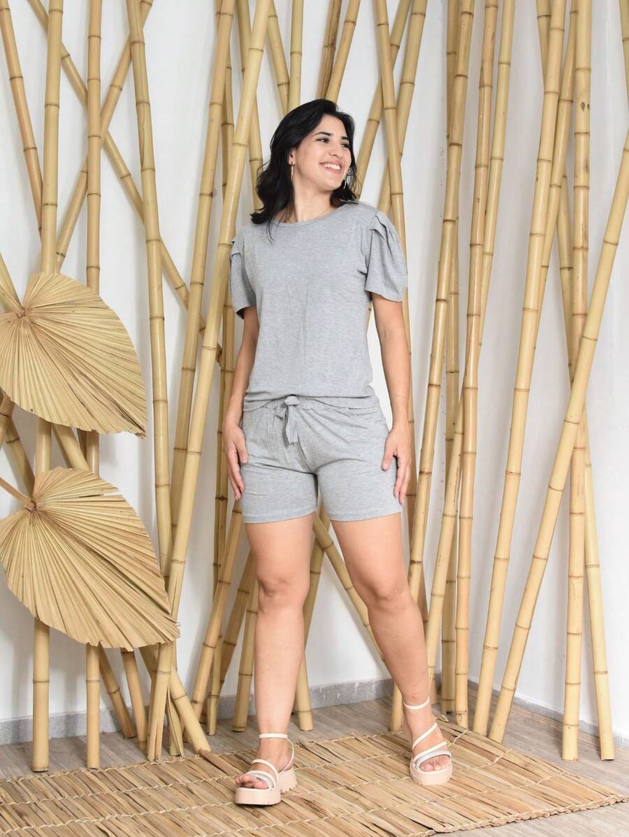 PRINCESS Puffed Sleeve Blouse SET AND SHORTS WITH VISCOLYCRA POCKET - 淺灰色 - 查看 1