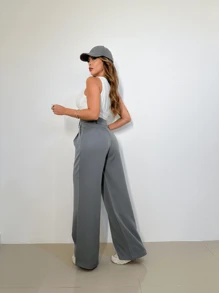 MODA MO, REF:  3271, Calça Alfaiataria Feminina | Cintura Alta Pantalona | Look Elegante e Despojado | Moda Casual para o Dia a Dia | Perfeita para o Trabalho |  Confortável e Estilosa | Caimento Impecável - Cinza - Visão 4