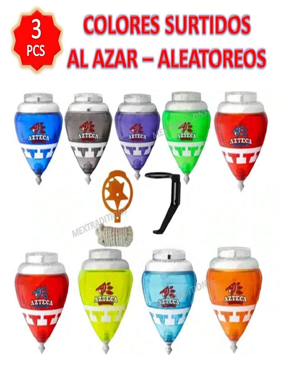 3 Piezas Trompo Mexicano Peonza Trompos Cometa Modelo AZTECA - Colores Surtidos al Azar - Trompo de Juguete México - 3 Trompos AZTECA - Color Surtido al Azar - Ver 1