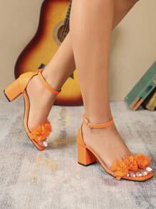 Qin TiNian 6.5cm High Square Toe 3D Floral Design Orange Women High Heel Sandals, Elegant Weddings/Parties Net Celebrity Style Mid Thick Heel Ankle Strap Ladies High Heel Sandals, Spring Summer New Arrivals - Orange - View 5