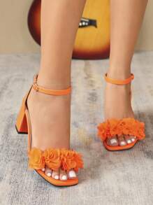Qin TiNian 6.5cm High Square Toe 3D Floral Design Orange Women High Heel Sandals, Elegant Weddings/Parties Net Celebrity Style Mid Thick Heel Ankle Strap Ladies High Heel Sandals, Spring Summer New Arrivals - Orange - View 4