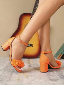 Qin TiNian 6.5cm High Square Toe 3D Floral Design Orange Women High Heel Sandals, Elegant Weddings/Parties Net Celebrity Style Mid Thick Heel Ankle Strap Ladies High Heel Sandals, Spring Summer New Arrivals - Orange - View 6