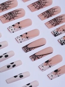 24 片方形长款万圣节按压式指甲深色蝙蝠蜘蛛网，恐怖蜘蛛万圣节指甲深色风格女孩必备假指甲带果冻凝胶 1 片摩擦条 1 片 - 彩色 - 查看 4