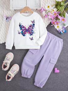 Tenue décontractée, sweat-shirt imprimé papillon pour fille et pantalon de couleur unie
