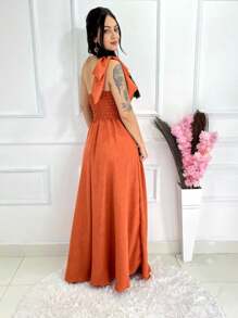 Long Plain Duna Linen Dress With Bow One Shoulder - 亮橙色 - 查看 2
