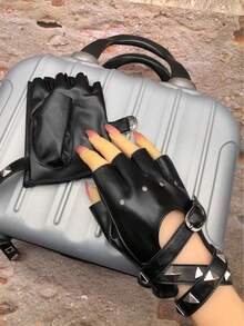 1 双女士黑色铆钉 PU 无指时尚手套适合街头、派对、摇滚 - 黑色 - 查看 3