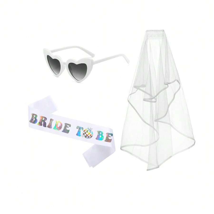 3件套，单身派对准新娘装饰套装，新娘送礼会礼物，新娘绶带，白色心形眼镜，头纱，婚礼装饰，婚礼用品，酷炫装饰，个性配饰，场景装饰，拍照道具 - 白色 - 查看 1