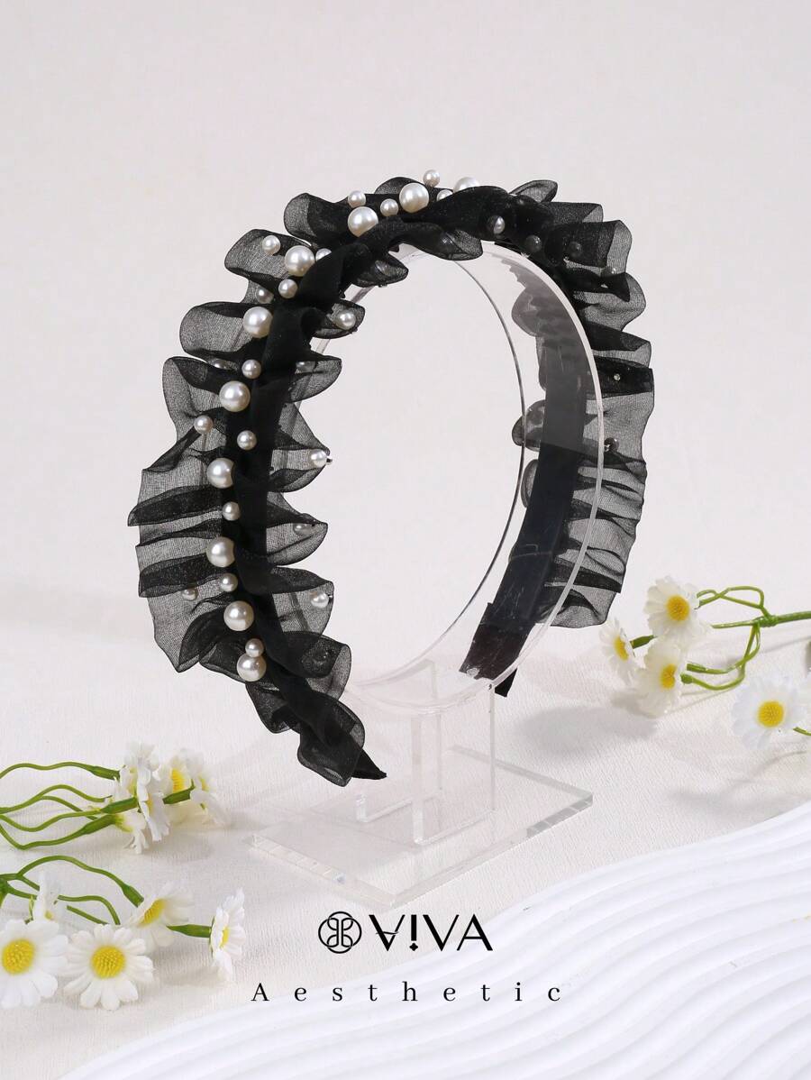 Băng đô trang trí ngọc trai giả thanh lịch, băng đô cài tóc Y2k - màu đen - Xem 1
