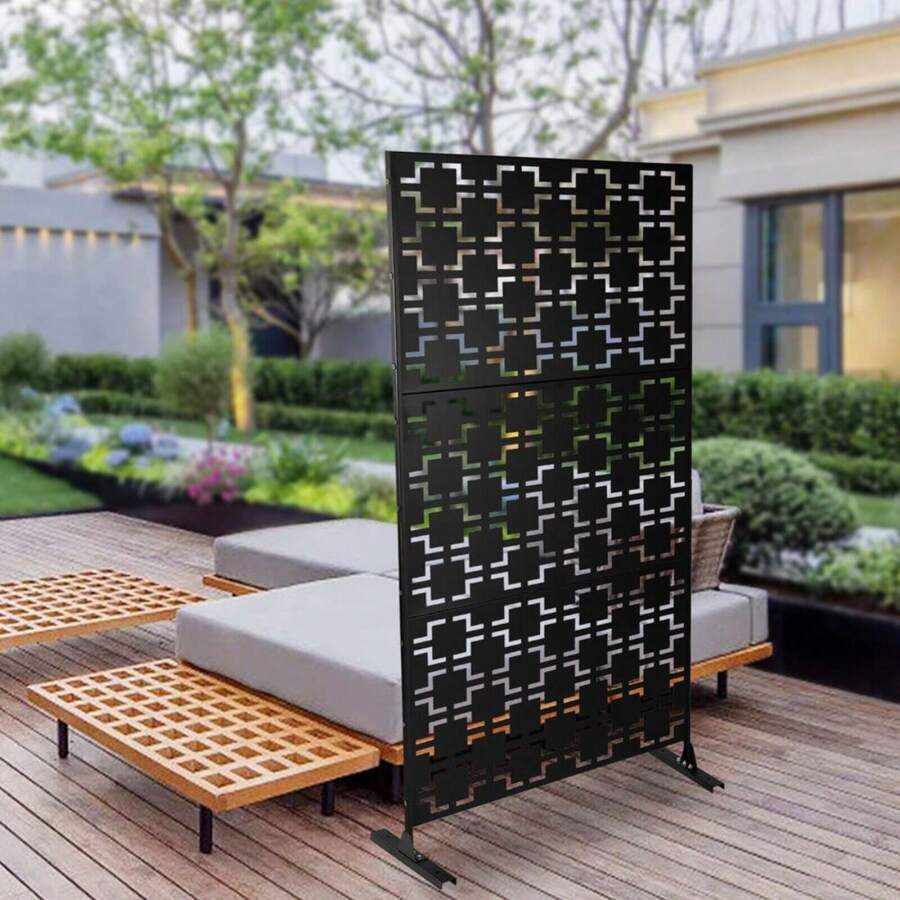 ZhdnBhnos LINSIE Outdoor Privacy Screen 6.2FT Height Checker Pattern Privacy Screen Panels Decorative Panels Freestanding Outdoor Privacy Fence Screens For Patio, Balcony, Garden, Porch, Black Outdoor Decorative Privacy Screen Panel Planter Wall Metal Fence Panels Black The Best Gift/Present For Family&Friends Happy Christmas - Black - View 1