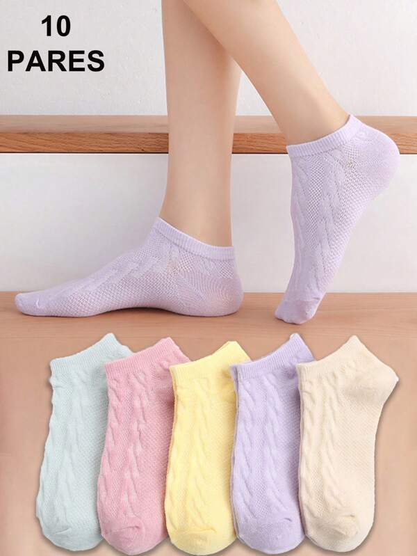 10 Pares Calcetines Bajos De Tobillo Sin Hueso Simples Y De Moda Para Mujer, Calcetines Invisibles Transpirables De Malla, Antiolor Y Absorbentes Del Sudor,Mezcla De Poliéster Y Elastano
