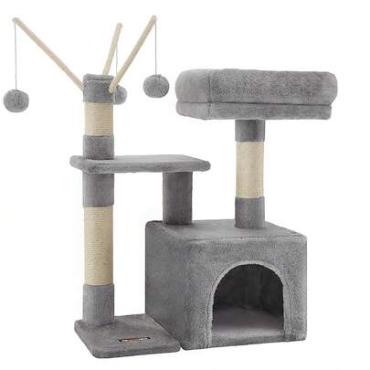 Árbol para Gatos, Torre Pequeño de Gatos con Plataforma Acolchada, Cueva para Gatos, 3 Pompones, Centro de Actividades para Gatos, Gris Claro