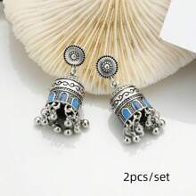 1pair New Bohemian  Alloy Bell Earrings With  Vintage Carved Pendant