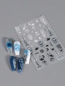 2 件万圣节美甲贴纸怪异骷髅蝙蝠和蜘蛛网图案自粘贴花适用于 DIY 美甲节日滑块美甲装饰 - 彩色 - 查看 3