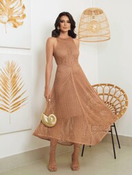 Vestido Midi Feminino de Tricô Rendado Botões Pérola Tricot Elegante Vestido Crochê Para Praia Reveillon Branco