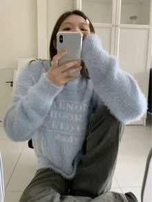 休闲女士厚款宽松字母针织长袖毛衣，秋冬季，长袖上衣