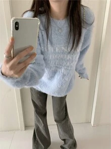 休闲女士厚款宽松字母针织长袖毛衣，秋冬季，长袖上衣