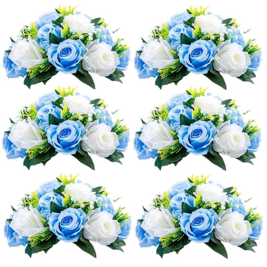 6pcs Artificial Flowers Silk Rose Flowers For Wedding Centerpiece Party Birthday Anniversary Floral Arrangement Decorations - 6件-藍色 - 查看 1