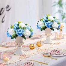 6pcs Artificial Flowers Silk Rose Flowers For Wedding Centerpiece Party Birthday Anniversary Floral Arrangement Decorations - 6件-藍色 - 查看 2