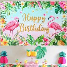 1pc Hawaiian Birthday Backdrop, Tropical Hibiscus Flower & Flamingo Pattern, Beach Party Decor Banner Background - Multicolor - View 6