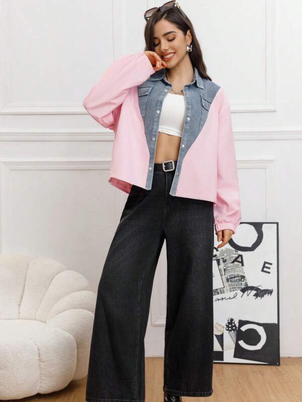 Okay chamarra de mezclilla medios mixtos estilo rompe vientos con resorte en la parte inferior es ajustable