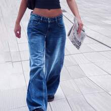 Y2k Low Rise Jeans For Women Loose Wide Straight Leg Baggy Jeans Vintage Boyfriend Denim Pants Streetwear - Xanh đậm - Xem 3