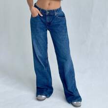 Y2k Low Rise Jeans For Women Loose Wide Straight Leg Baggy Jeans Vintage Boyfriend Denim Pants Streetwear - Xanh đậm - Xem 1