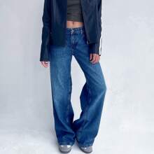 Y2k Low Rise Jeans For Women Loose Wide Straight Leg Baggy Jeans Vintage Boyfriend Denim Pants Streetwear - Xanh đậm - Xem 5