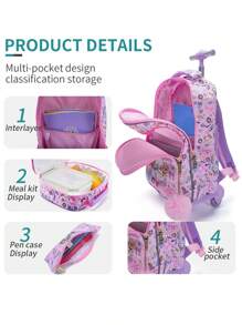 BLING BABIES 3Pcs Set Rolling Backpack For Girls Pink Cute Cartoon Unicorn Sequins Design Bookbag For Elementary Students Kids Wheeled School BookBag With Lunch Box And Pen Bag Glow-In-The-Dark