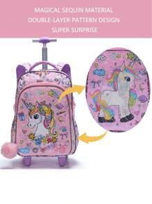 BLING BABIES 3Pcs Set Rolling Backpack For Girls Pink Cute Cartoon Unicorn Sequins Design Bookbag For Elementary Students Kids Wheeled School BookBag With Lunch Box And Pen Bag Glow-In-The-Dark
