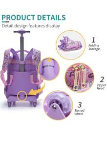 BLING BABIES 3Pcs Set Rolling Backpack For Girls Pink Cute Cartoon Unicorn Sequins Design Bookbag For Elementary Students Kids Wheeled School BookBag With Lunch Box And Pen Bag Glow-In-The-Dark