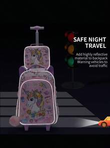 BLING BABIES 3Pcs Set Rolling Backpack For Girls Pink Cute Cartoon Unicorn Sequins Design Bookbag For Elementary Students Kids Wheeled School BookBag With Lunch Box And Pen Bag Glow-In-The-Dark