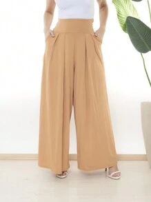 Loose Wide Leg Pantalona Pants Viscolycra Mesh Wide Waistband High Waist Pleats - Krem - View 5