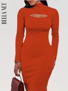 Long Sleeve Tube Dress High Neck Low Cut Moda Gringa - 亮橙色 - 查看 1