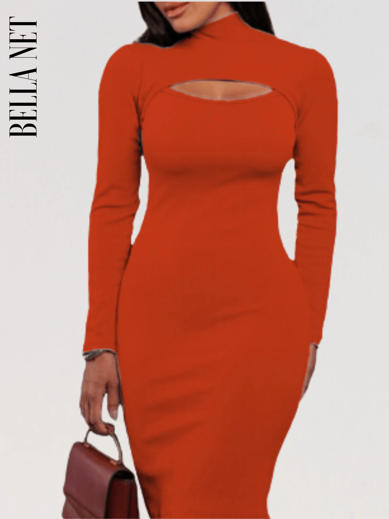 Long Sleeve Tube Dress High Neck Low Cut Moda Gringa - 亮橙色 - 查看 1