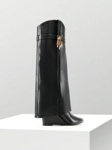 Women's Fold Over Pointed Toe Wedge Heels Knee High Boots  Fashion Padlock Buckle Party Gorgeous Style - màu đen - Xem 5