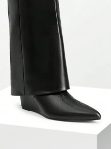 Women's Fold Over Pointed Toe Wedge Heels Knee High Boots  Fashion Padlock Buckle Party Gorgeous Style - màu đen - Xem 6