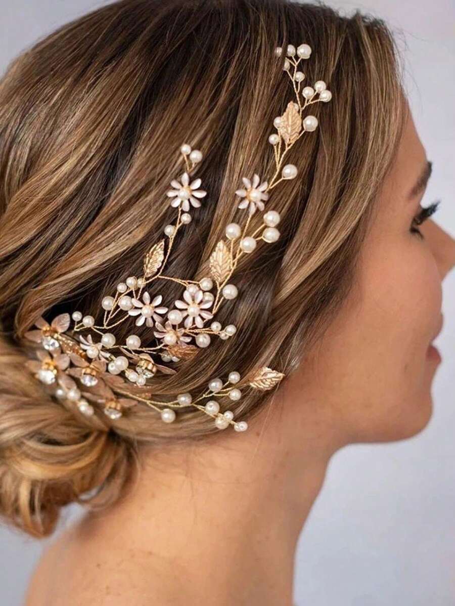 1pc Handmade Gold-Color Alloy & Pearl Flower Headband, Wedding Bridal Party Hair Accessory Valentine's Day Accessories - Gold - View 1
