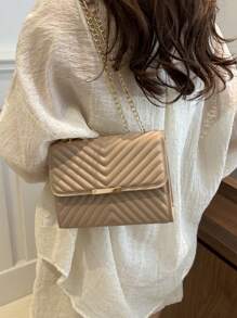 时尚纯色绗缝链条单肩包 - 卡其色 - 查看 4