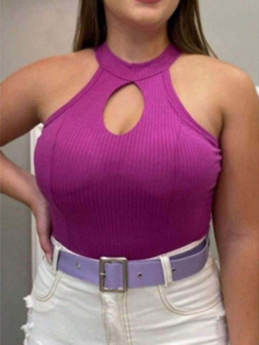 High Neck Ribbed Drop Neck Tank Top - Purple - View 1