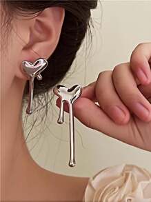 Asymmetric Metal Heart Shaped Exaggerated Long Earrings, Fashion Simple Personalized Elegant European And American Style Jewelry Gift Valentines - Silver - View 2