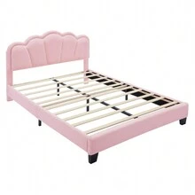 Anwick Full Size Upholstered Flower-Shape Bed, Elegant Flowers Headboard With LED Light Strip, Sherpa Fabric Platform Bed With Wooden Slats Support, - Pink - View 6