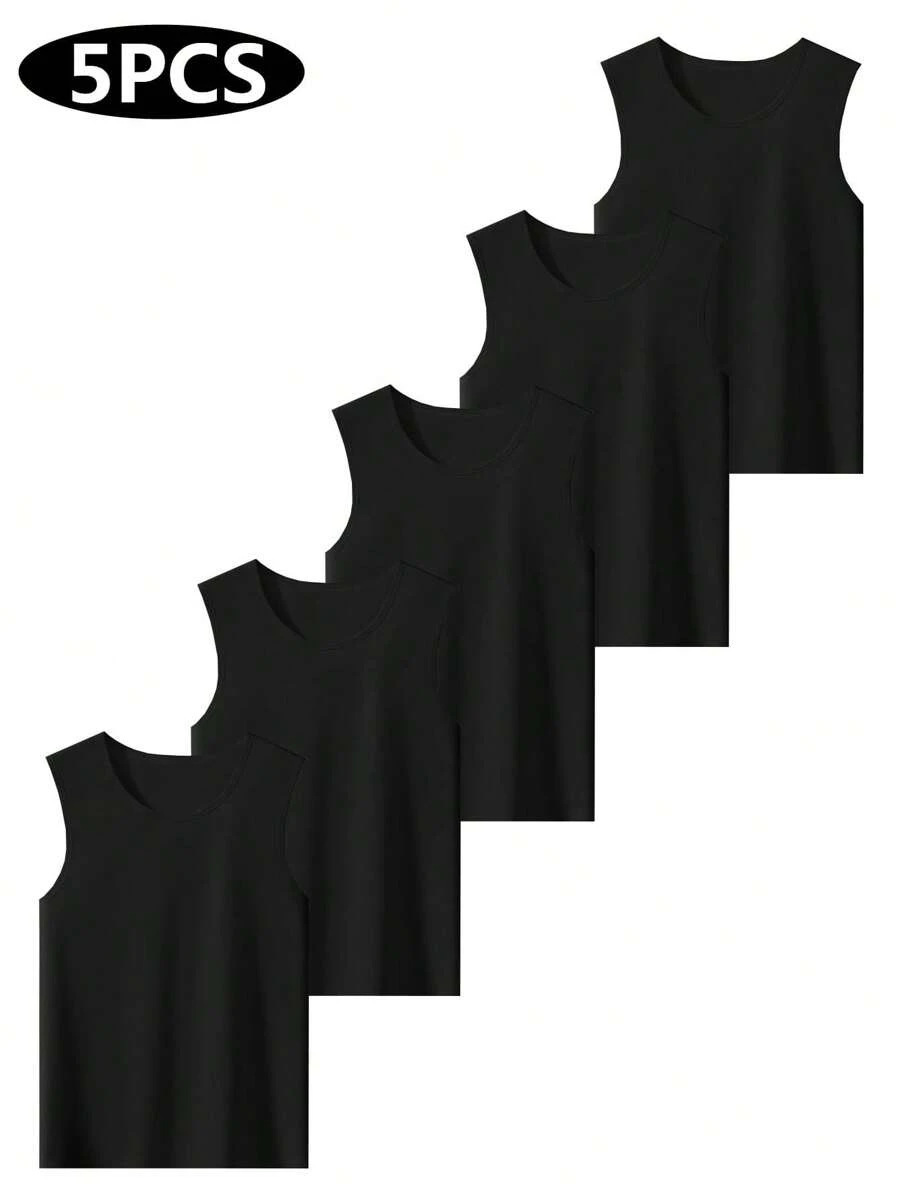 5pcs Men's Lightweight Sleeveless Vest, Soft Breathable Stretchy Solid Color Undershirt For Sports, Running, Workout, Summer - Black - View 1